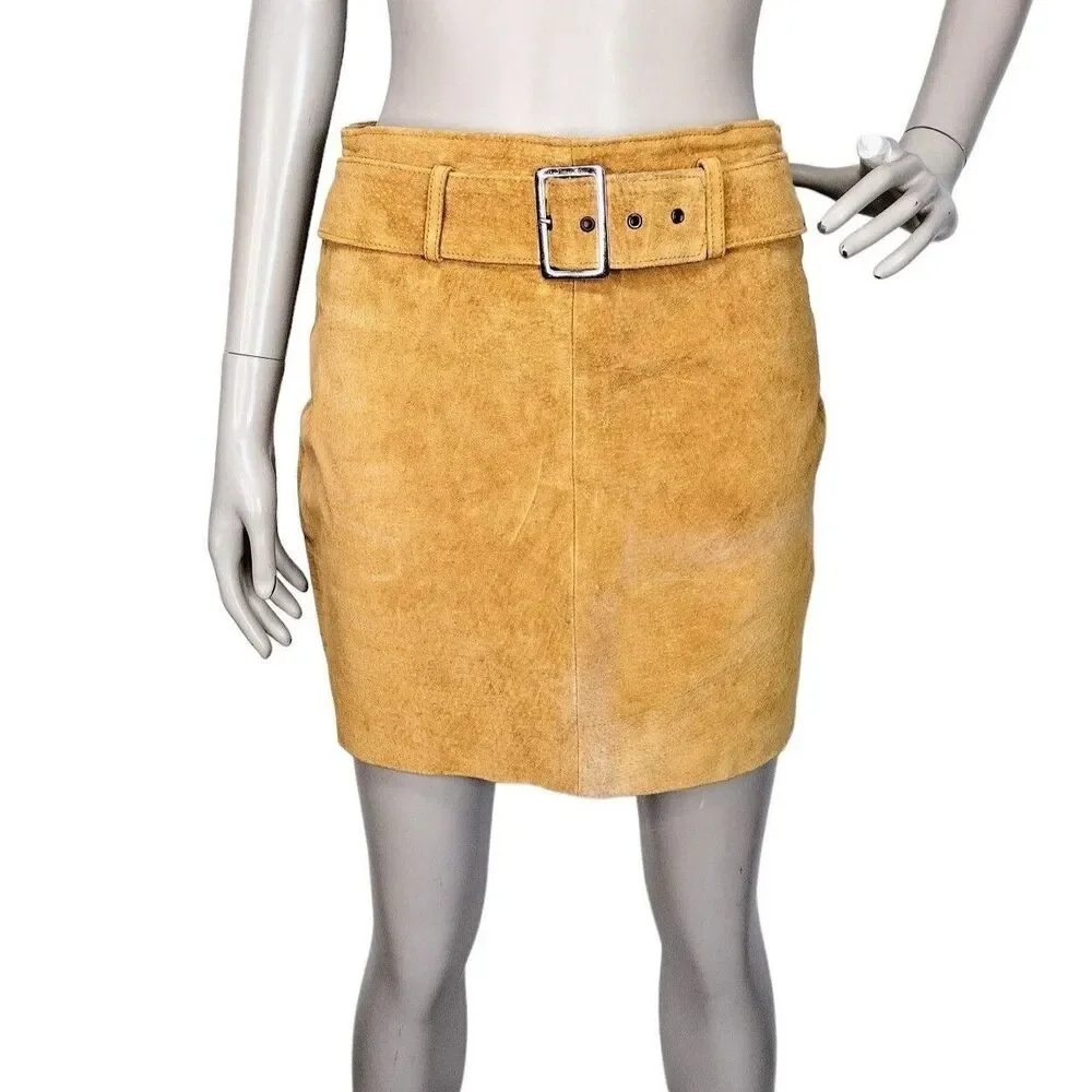 Vintage 80s Gold Suede Leather Belted Short Mini Pencil Skirt Size S/M